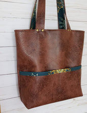 Load image into Gallery viewer, Mabel Tote - Brown Faux Leather and Peacock Teal