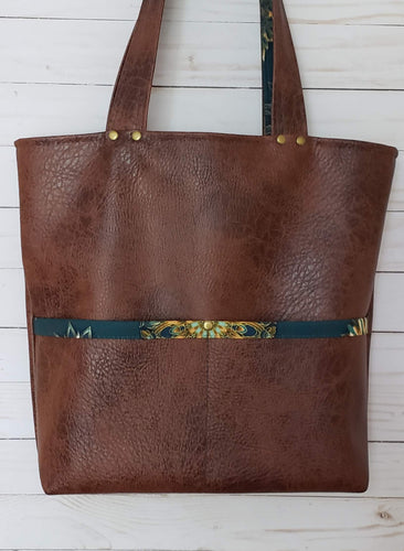 Mabel Tote - Brown Faux Leather and Peacock Teal