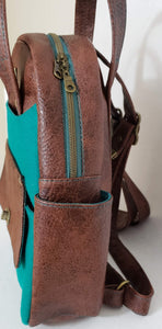 Dorothy Backpack - Greenish Teal Wool and Brown Vinyl