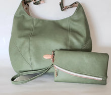 Load image into Gallery viewer, Exterior Bag and Wallet Set - Green vinyl with rose gold hardware